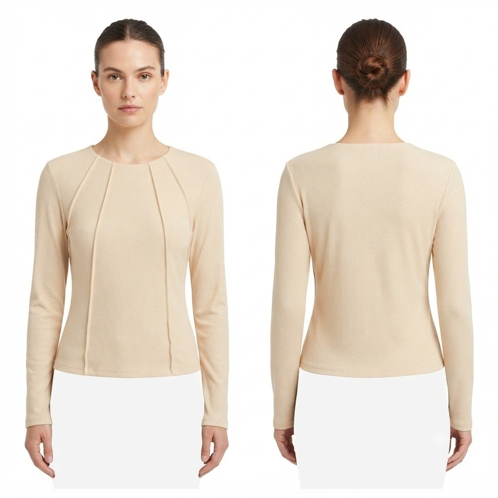 Kirundo Blouse Womens XLBeige Ribbed Knit Long Sleeve Top Crew Neck Seam Detail